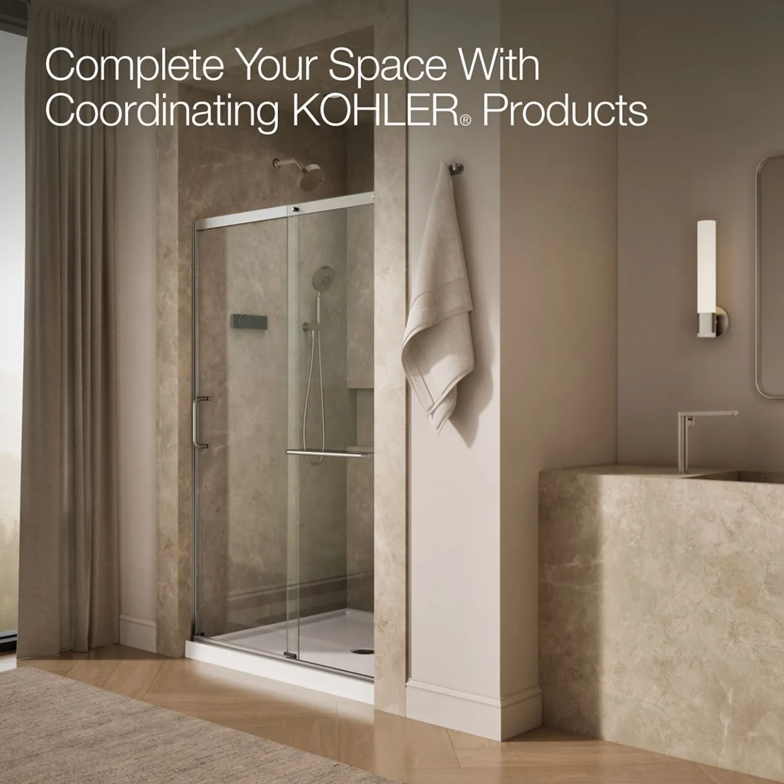 44-1/4"-47-5/8" W x 75-1/2" H sliding shower door with 5/16"-thick Crystal Clear glass^Kohler