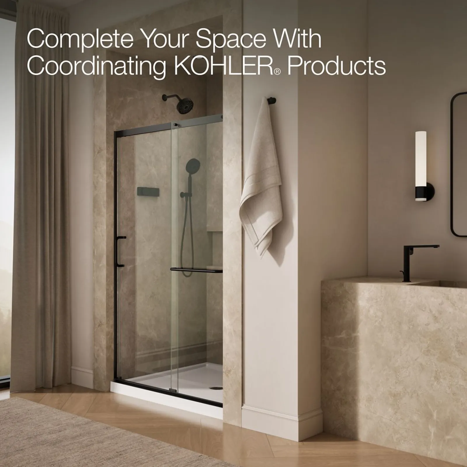 44-1/4"-47-5/8" W x 75-1/2" H sliding shower door with 5/16"-thick Crystal Clear glass^Kohler