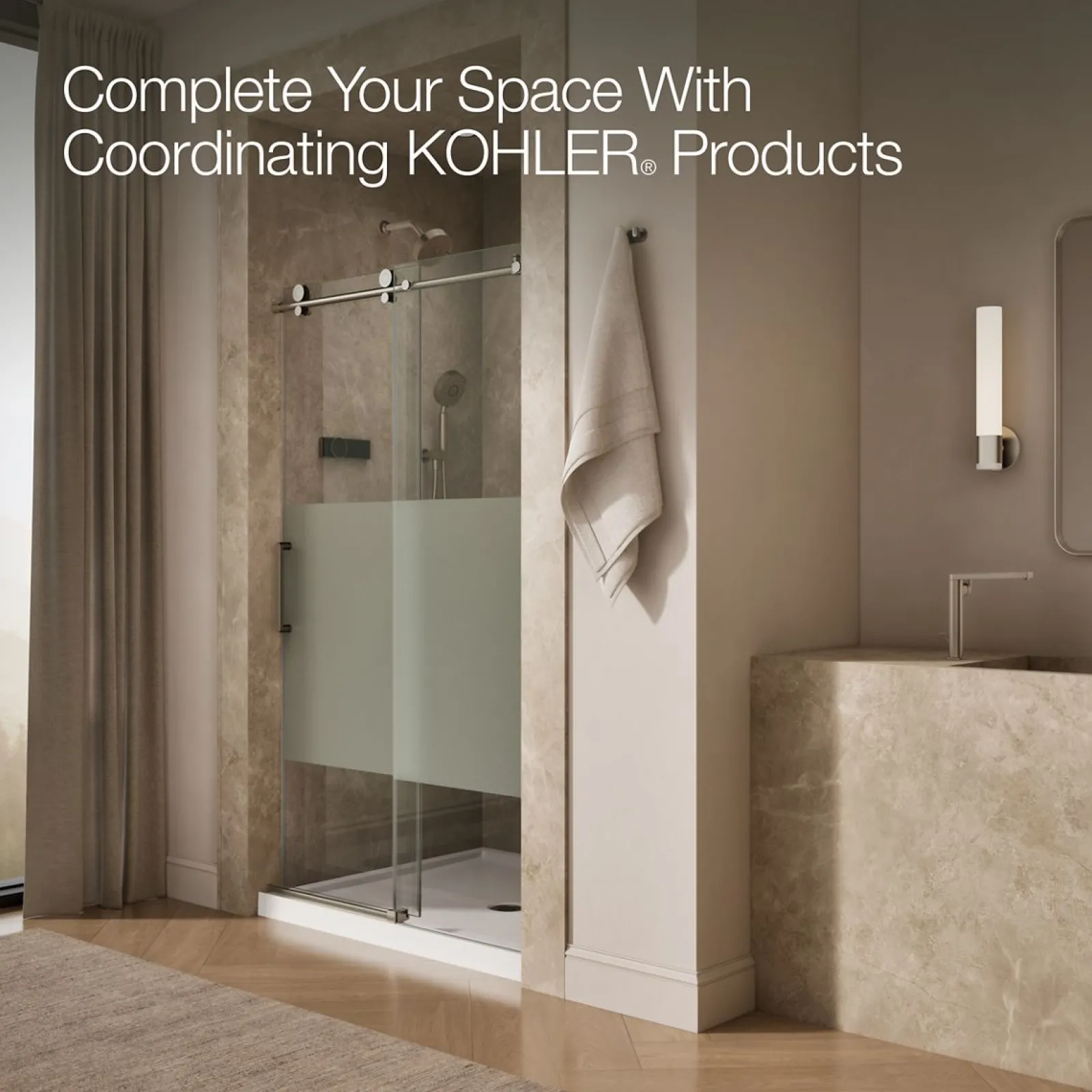 44-1/8"-47-7/8" W x 78" H sliding shower door with 3/8"-thick Crystal Clear glass^Kohler