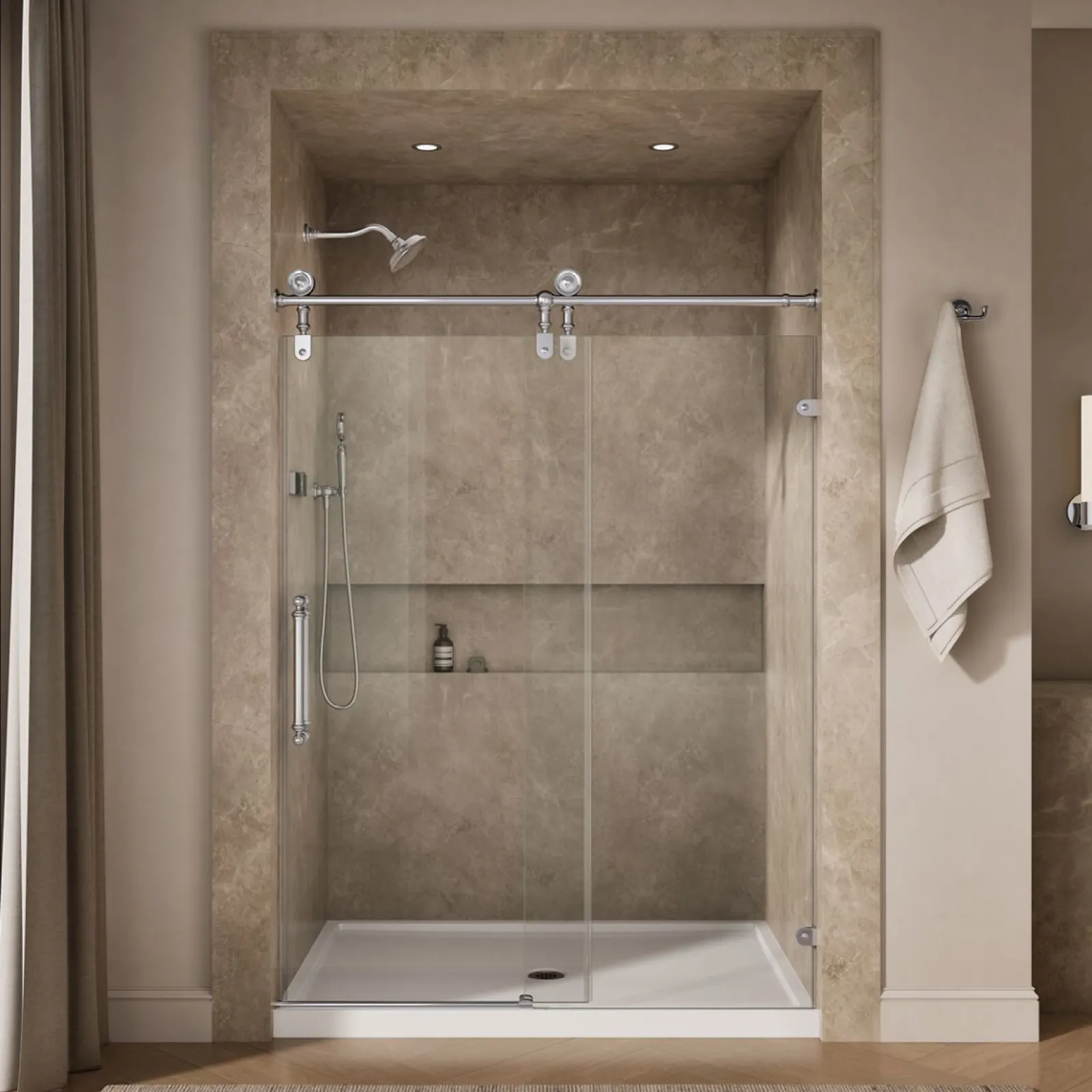 57-1/4"-58-1/4" W x 80-7/8" H sliding shower door with 3/8"-thick Crystal Clear glass^Kohler