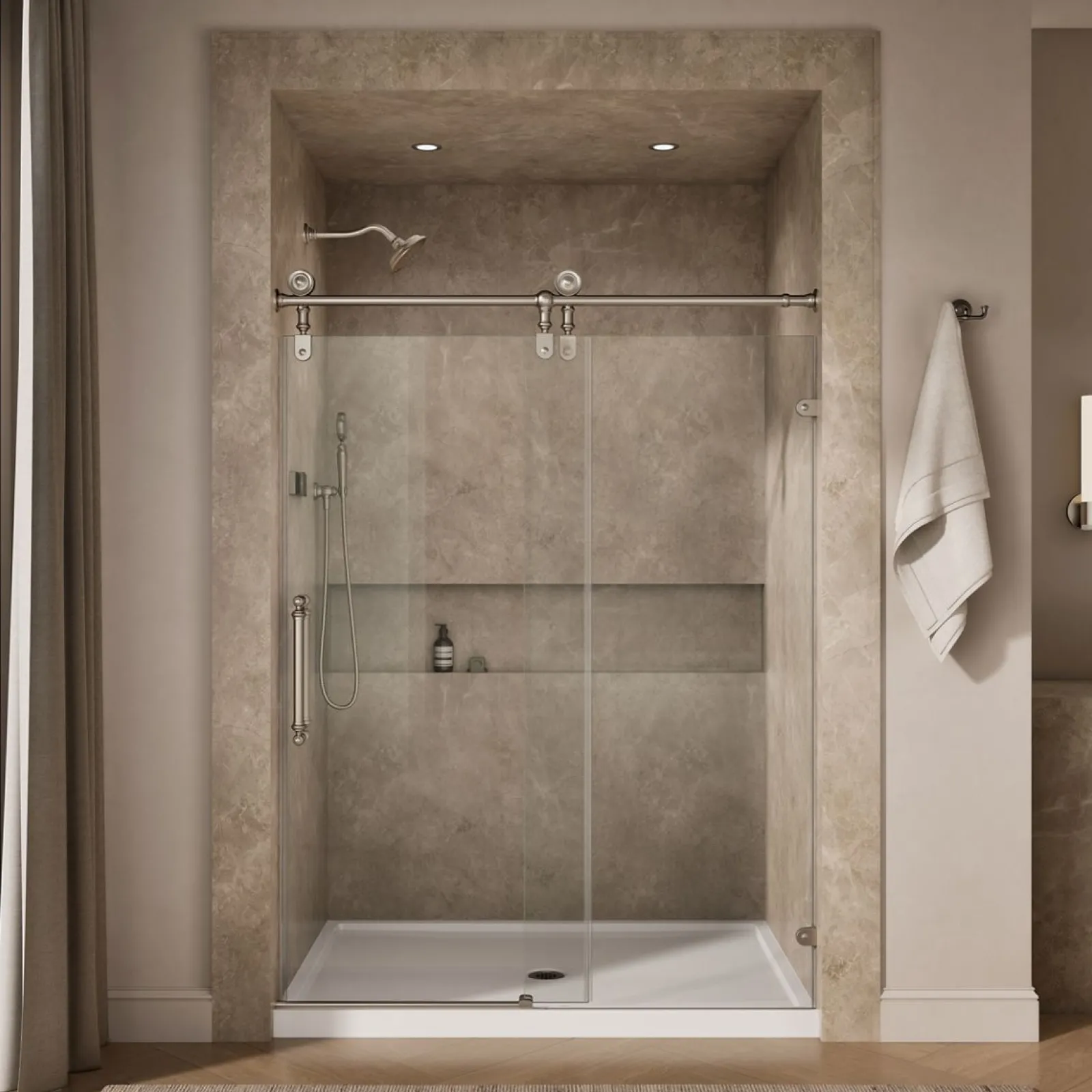 57-1/4"-58-1/4" W x 80-7/8" H sliding shower door with 3/8"-thick Crystal Clear glass^Kohler