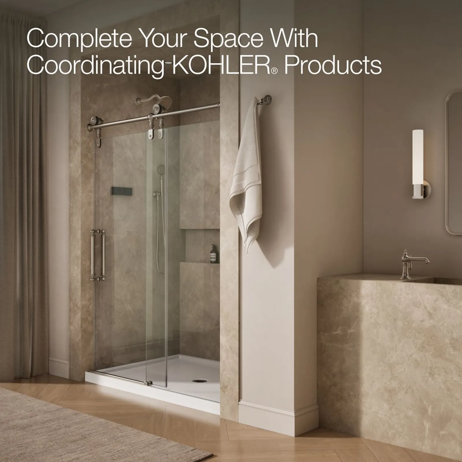 57-1/4"-58-1/4" W x 80-7/8" H sliding shower door with 3/8"-thick Crystal Clear glass^Kohler