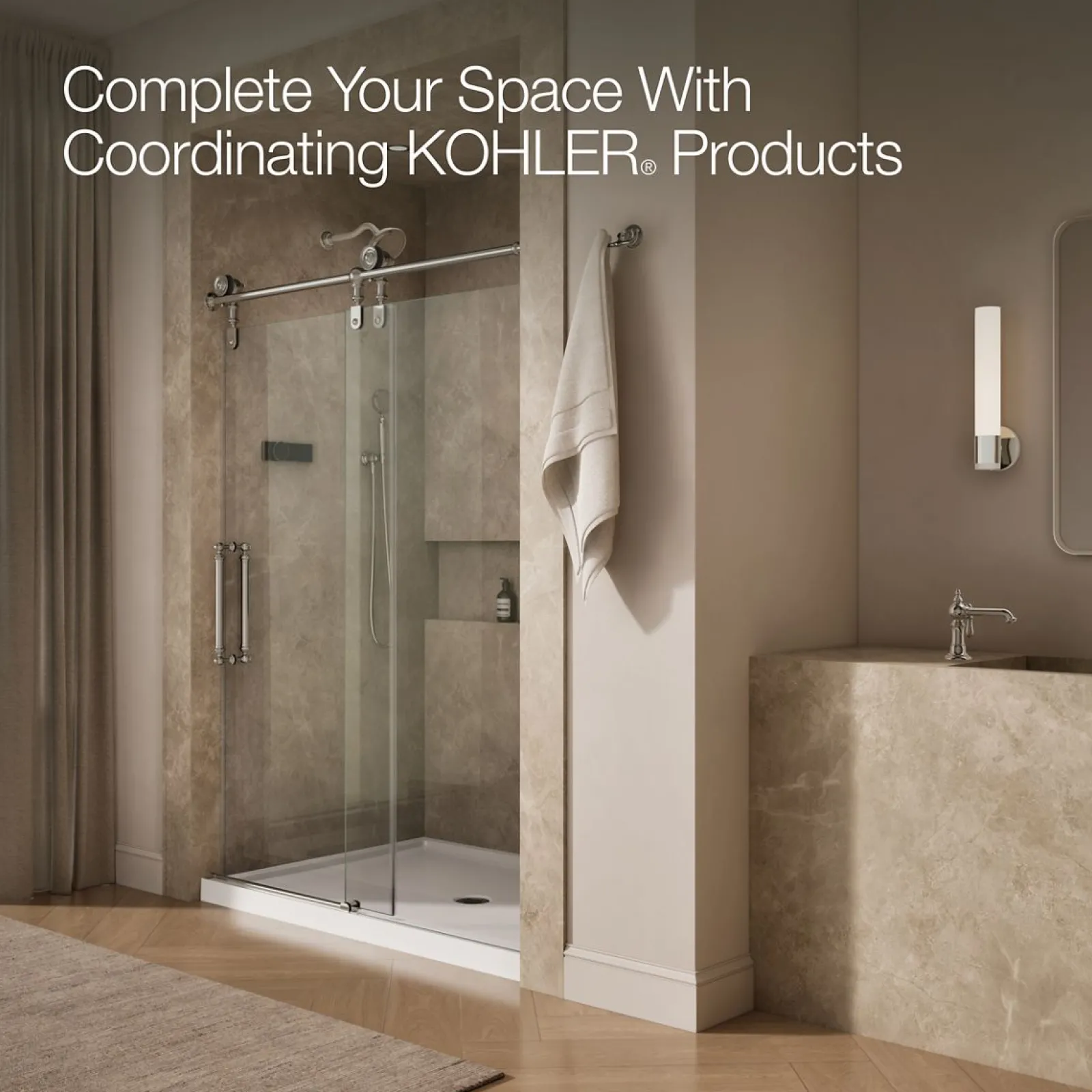 57-1/4"-58-1/4" W x 80-7/8" H sliding shower door with 3/8"-thick Crystal Clear glass^Kohler