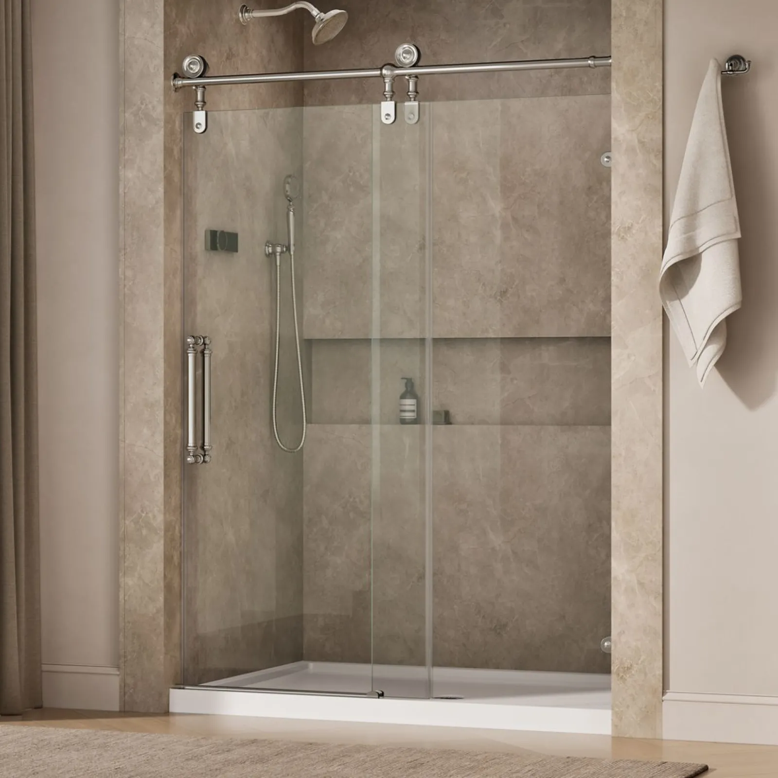 57-1/4"-58-1/4" W x 80-7/8" H sliding shower door with 3/8"-thick Crystal Clear glass^Kohler