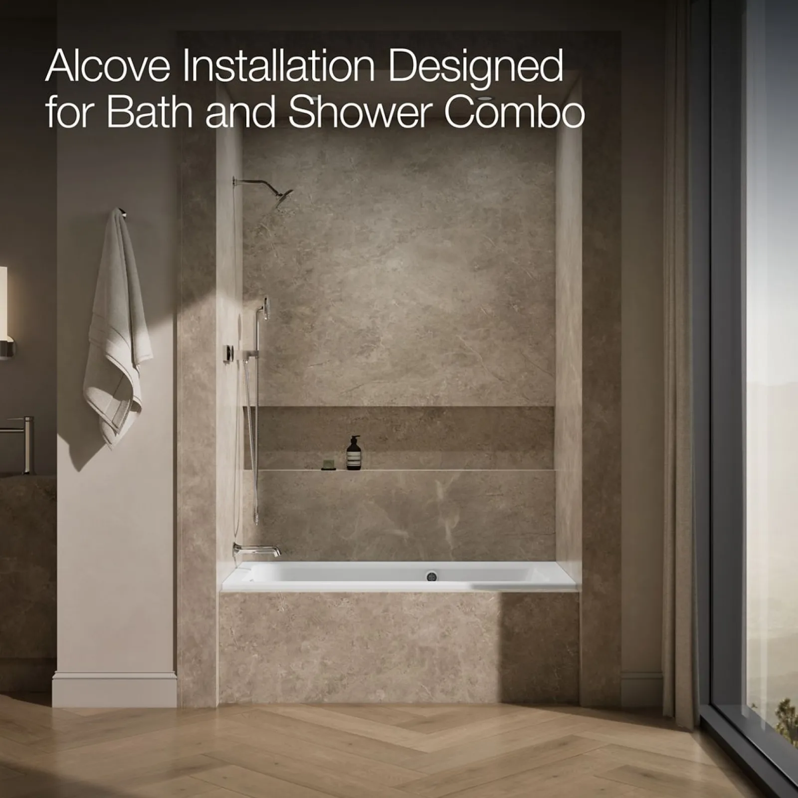 60" x 30" alcove Heated BubbleMassage™ air bath with Bask® heated surface, left drain^Kohler