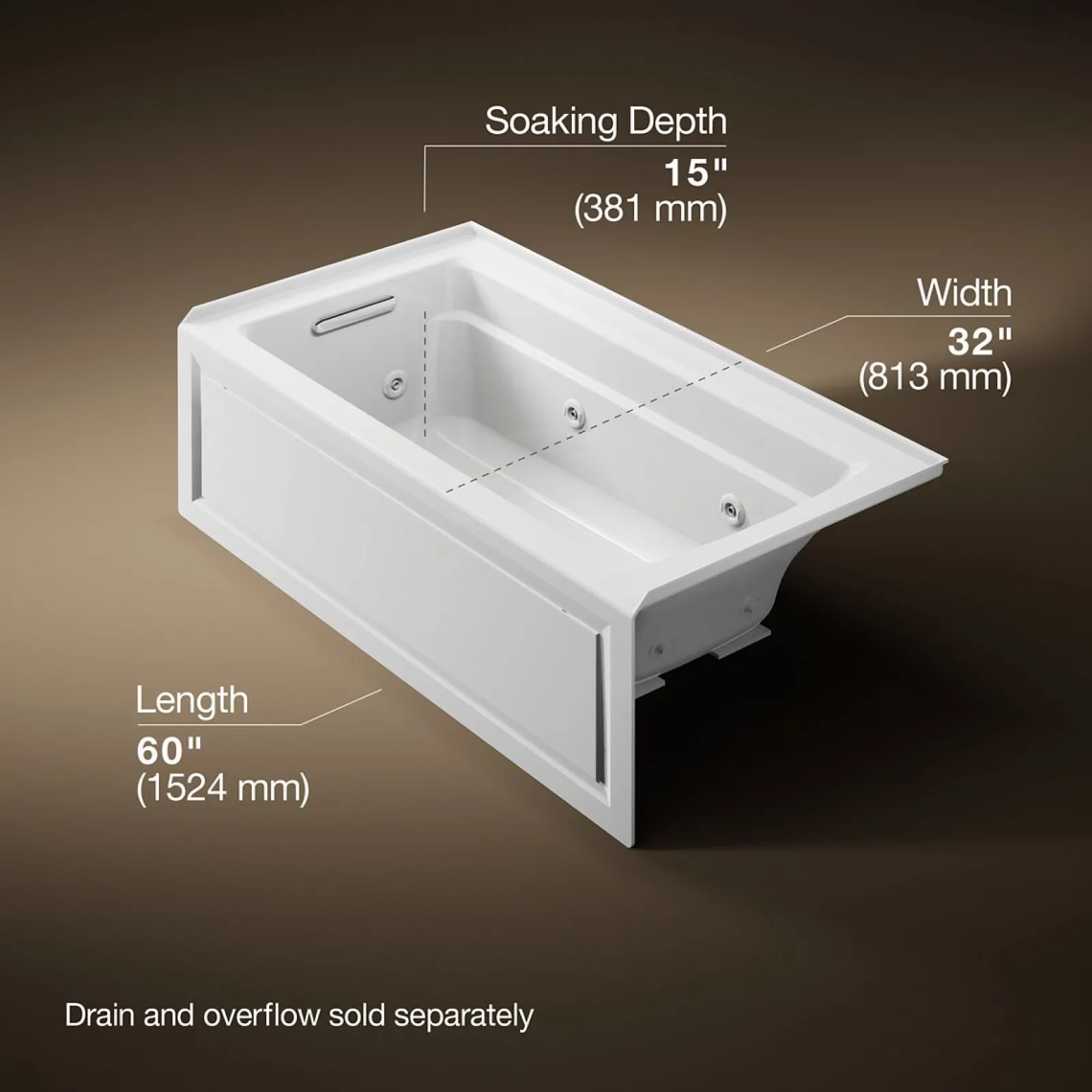 60" x 32" alcove heated whirlpool bath, left drain^Kohler Hot