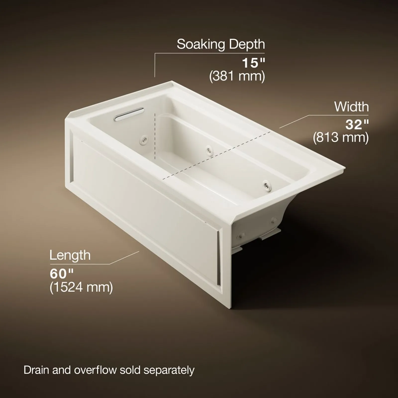 60" x 32" alcove heated whirlpool bath, left drain^Kohler Hot