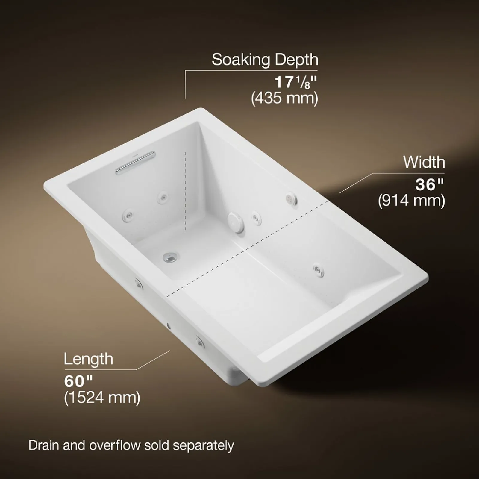 60" x 36" drop-in Heated BubbleMassage™ air bath with whirlpool^Kohler Hot