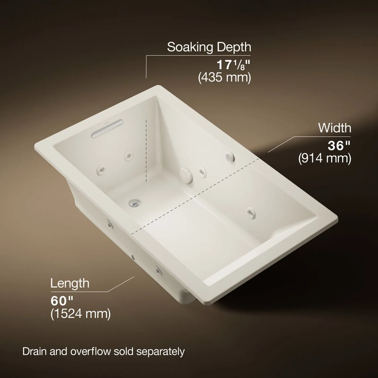 60" x 36" drop-in Heated BubbleMassage™ air bath with whirlpool^Kohler Hot
