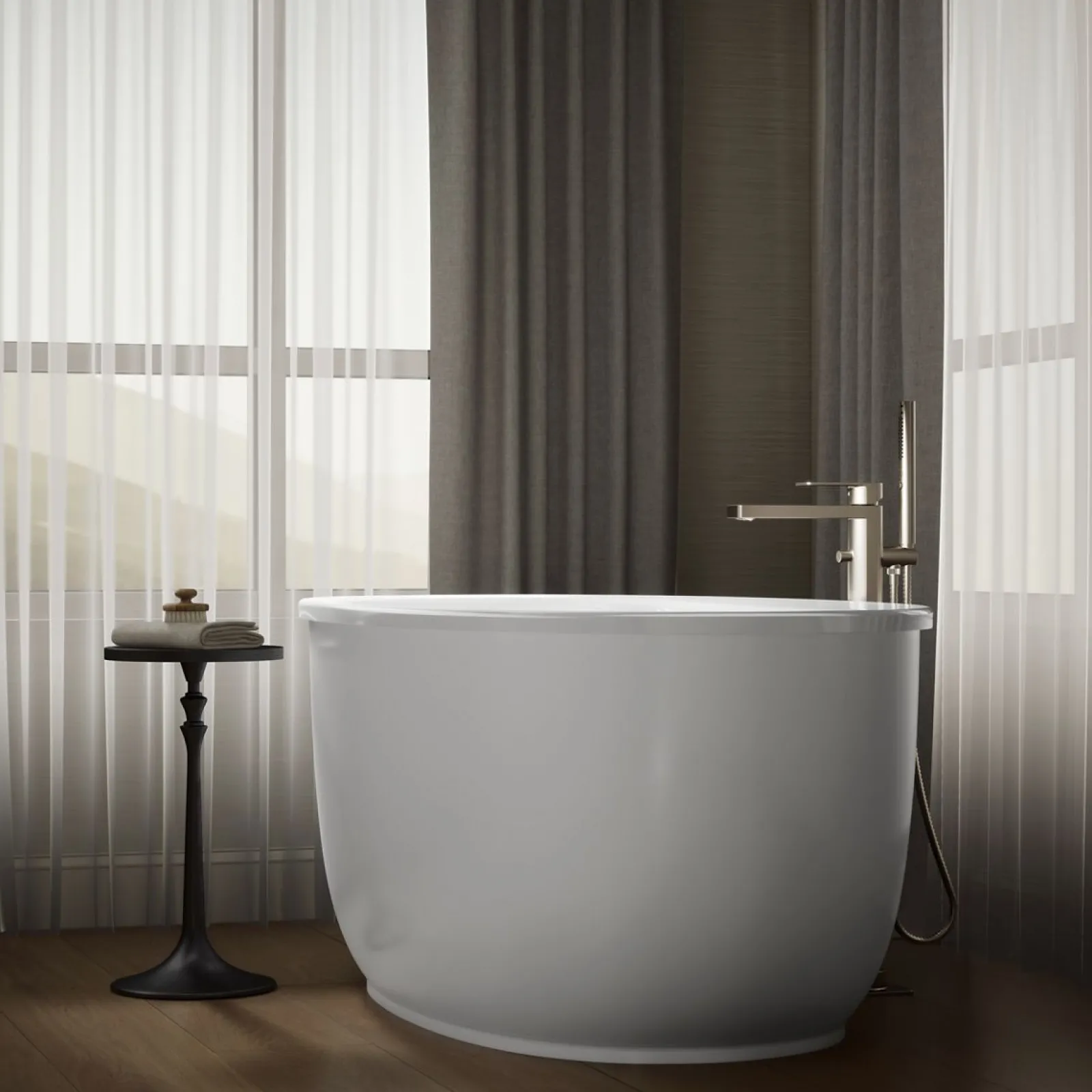 60" x 34" freestanding bath with Bask® heated surface and fluted shroud^Kohler Hot