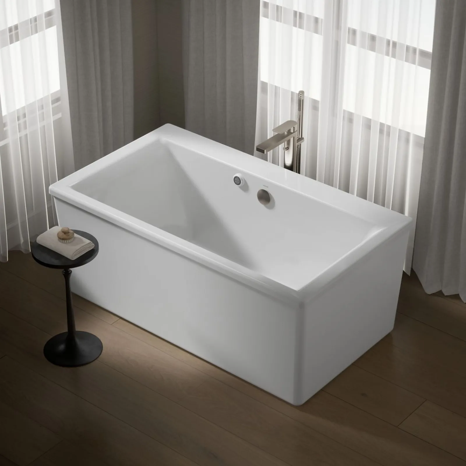 60" x 34" freestanding bath with Bask® heated surface and straight shroud^Kohler