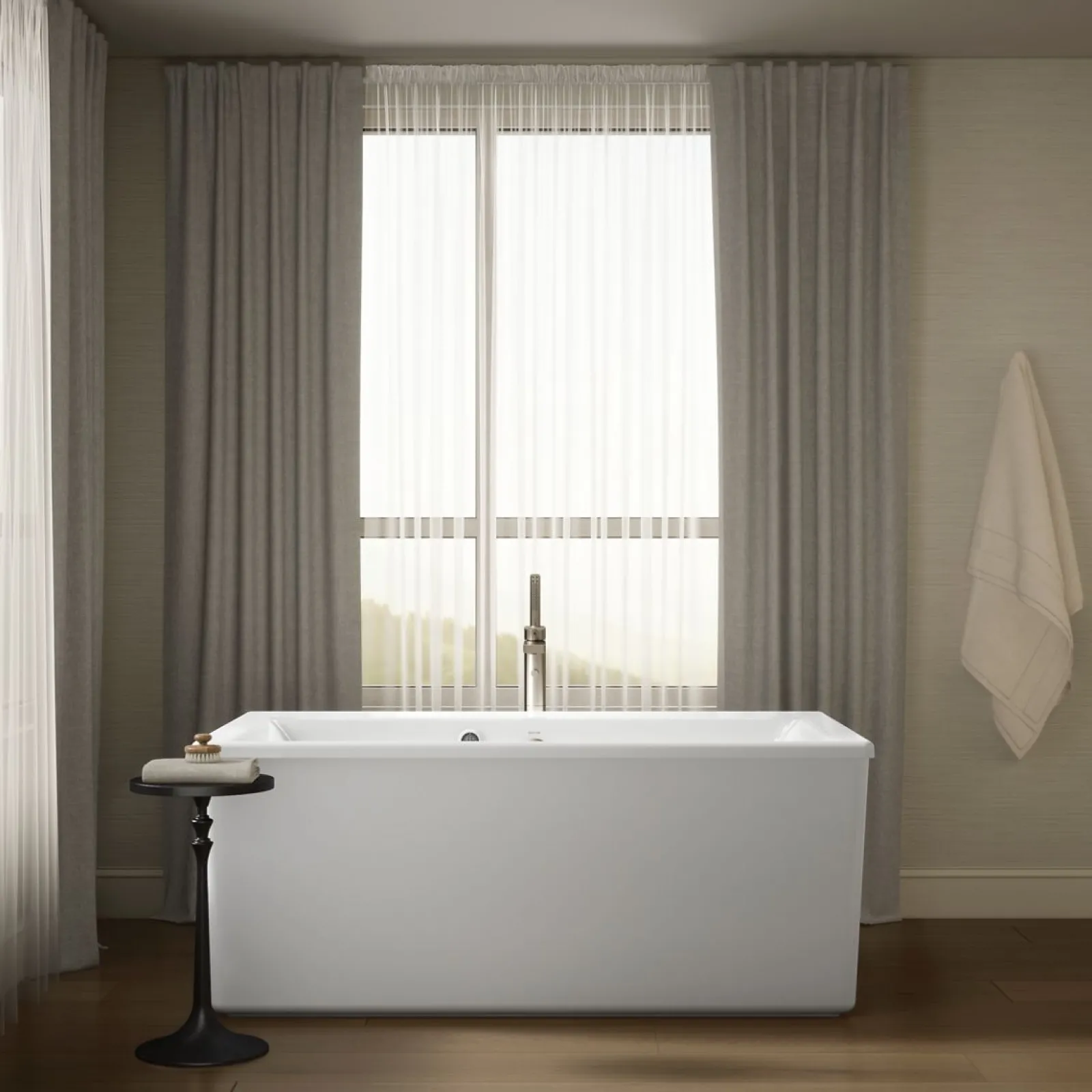 60" x 34" freestanding bath with Bask® heated surface and straight shroud^Kohler