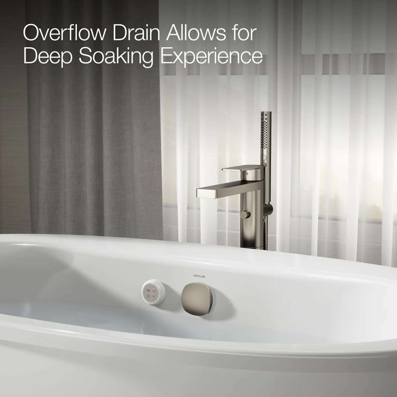 60-1/2" x 34-1/2" freestanding Heated BubbleMassage™ air bath with straight shroud^Kohler Online