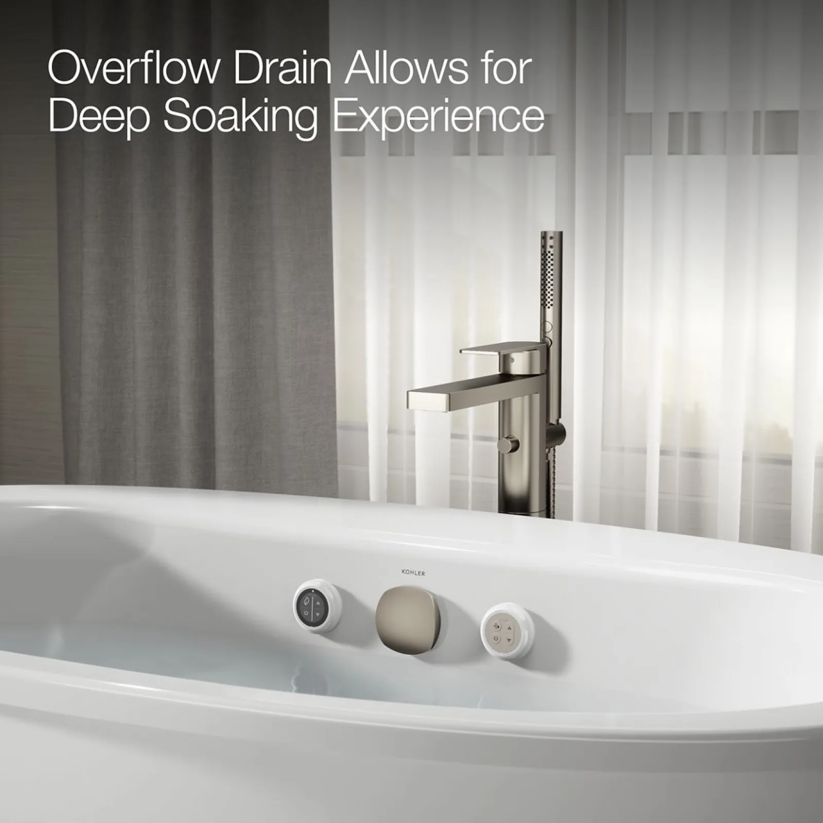 60-1/2" x 34-1/2" freestanding Heated BubbleMassage™ air bath with Bask® heated surface and straight shroud^Kohler Online